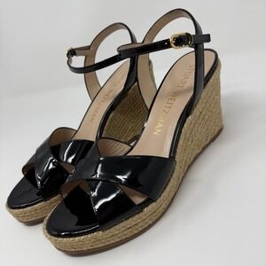Stuart Weitzman Black Patent Espadrille Wedge Sandals Size 9.5